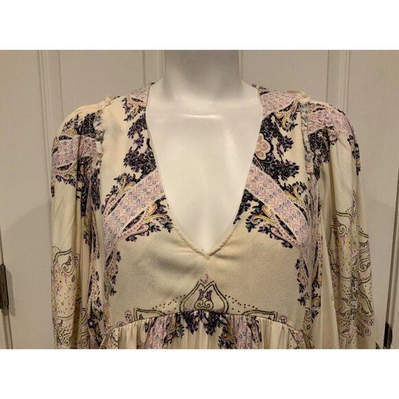 Free People "Girl Talk" Cream w/Multicolor Paisley Pattern Shirt, Size S - Picture 2 of 9